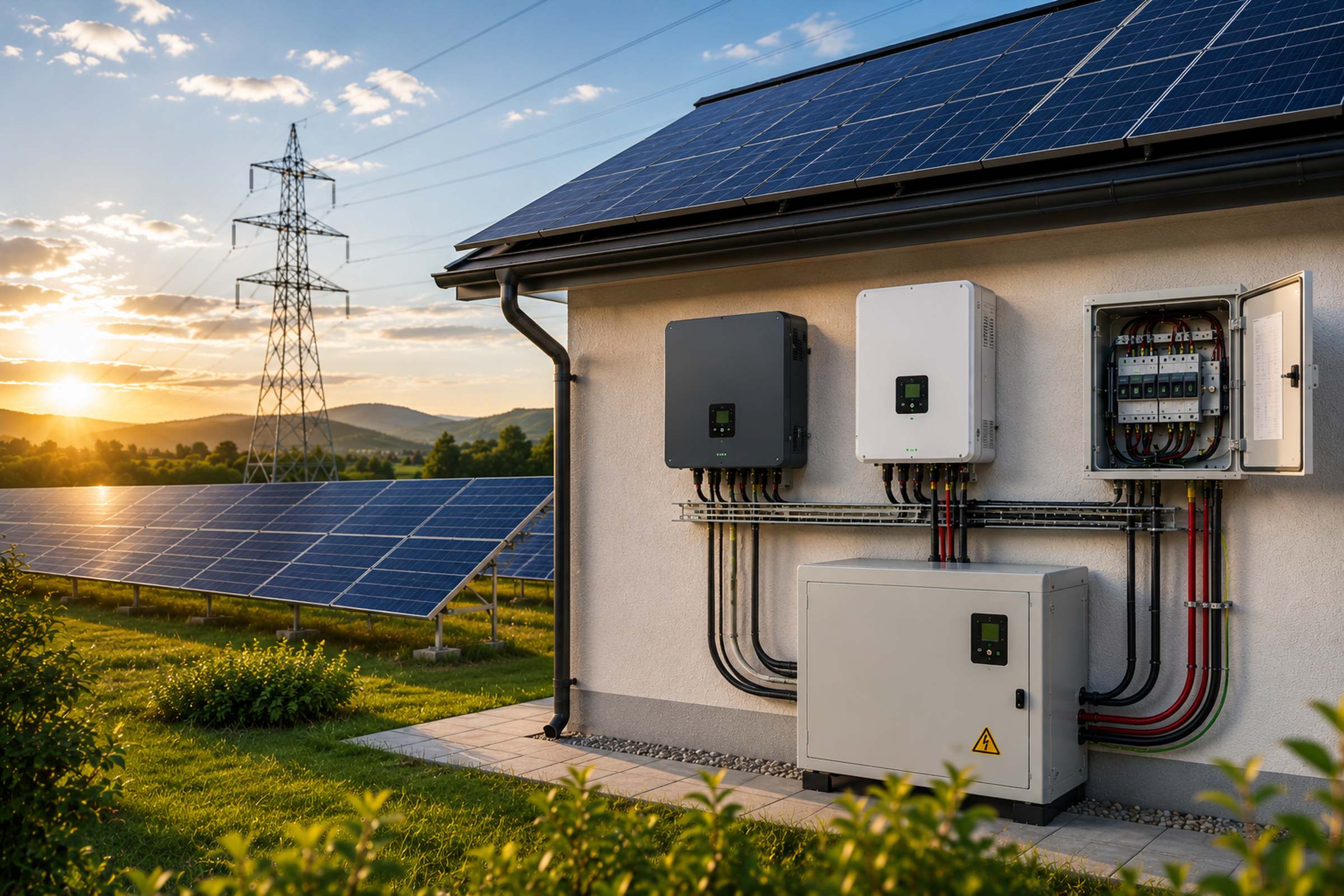 Impianto fotovoltaico con inverter, accumulo e collegamento alla rete elettrica