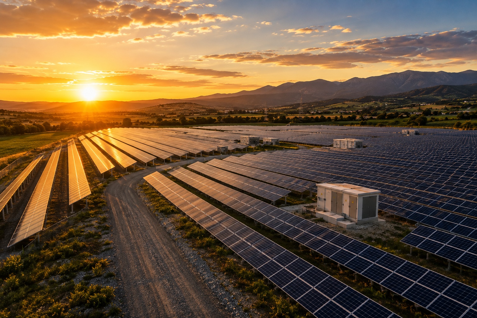 Grande impianto fotovoltaico al tramonto