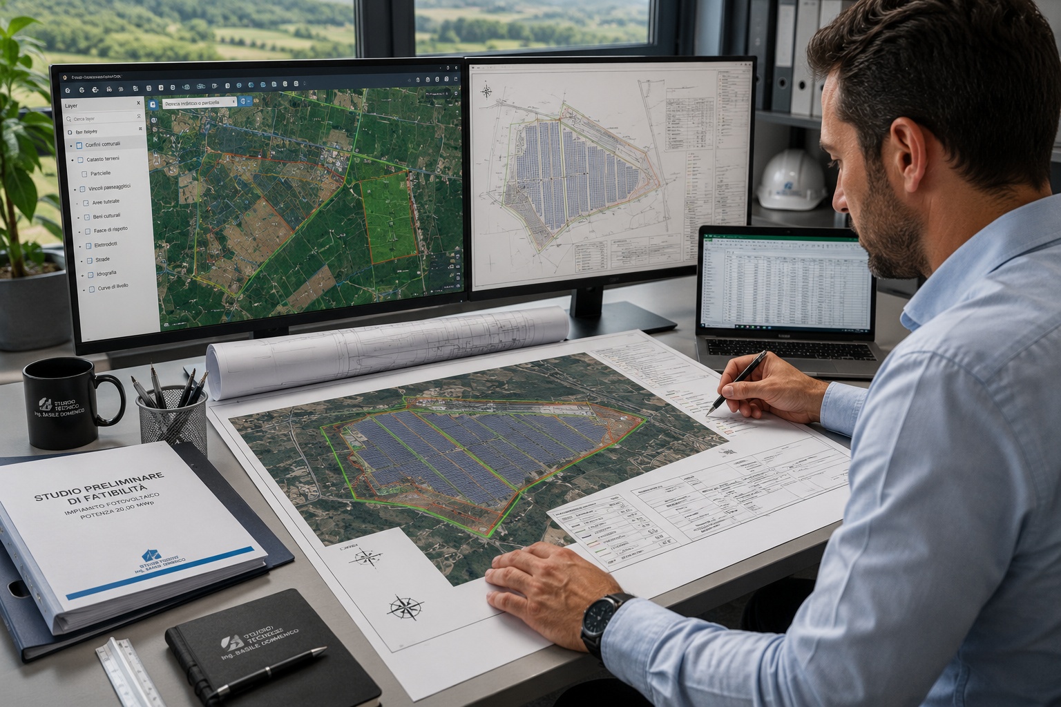 Tecnico che analizza cartografia e progetto preliminare di un grande impianto fotovoltaico