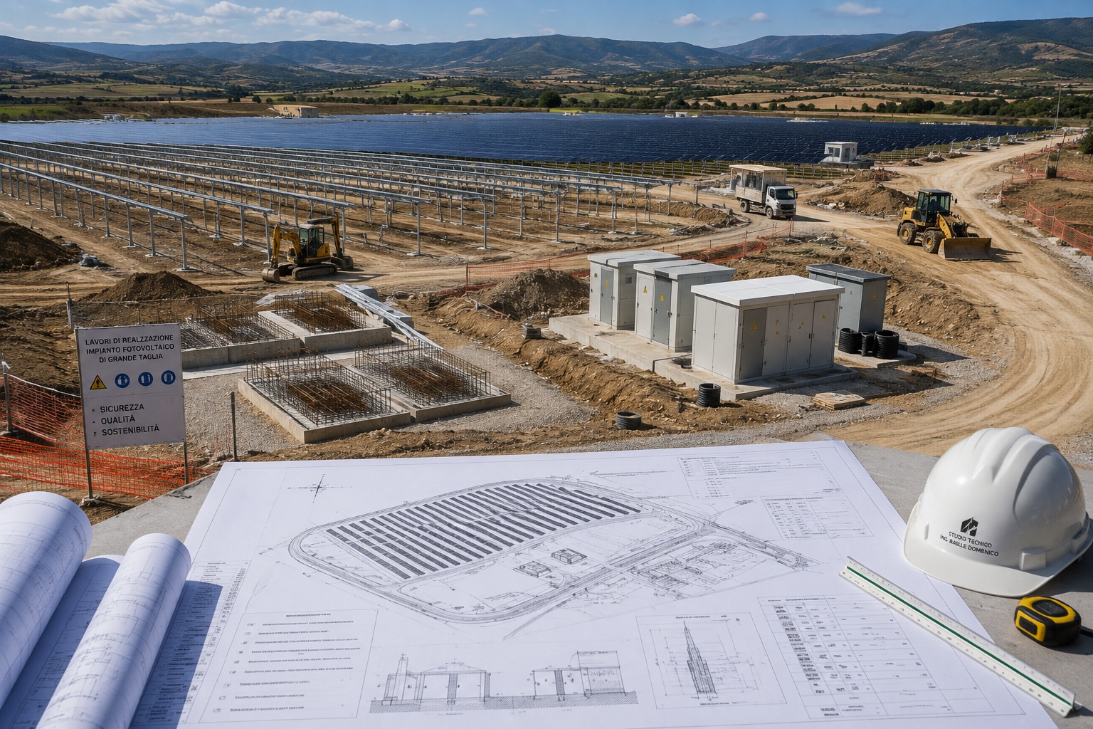Grande impianto fotovoltaico in fase di realizzazione con opere civili e fondazioni
